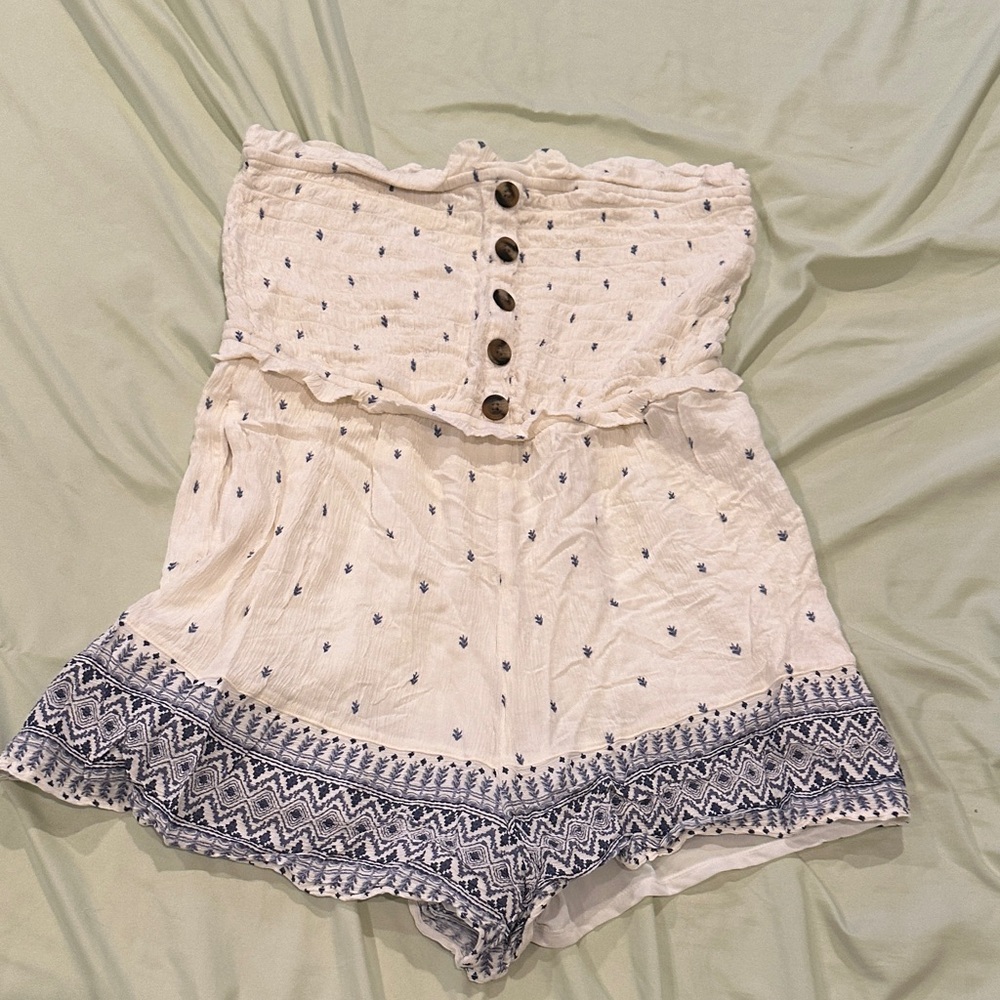 American Eagle Outfitters White Strapless Romper with Blue Pattern